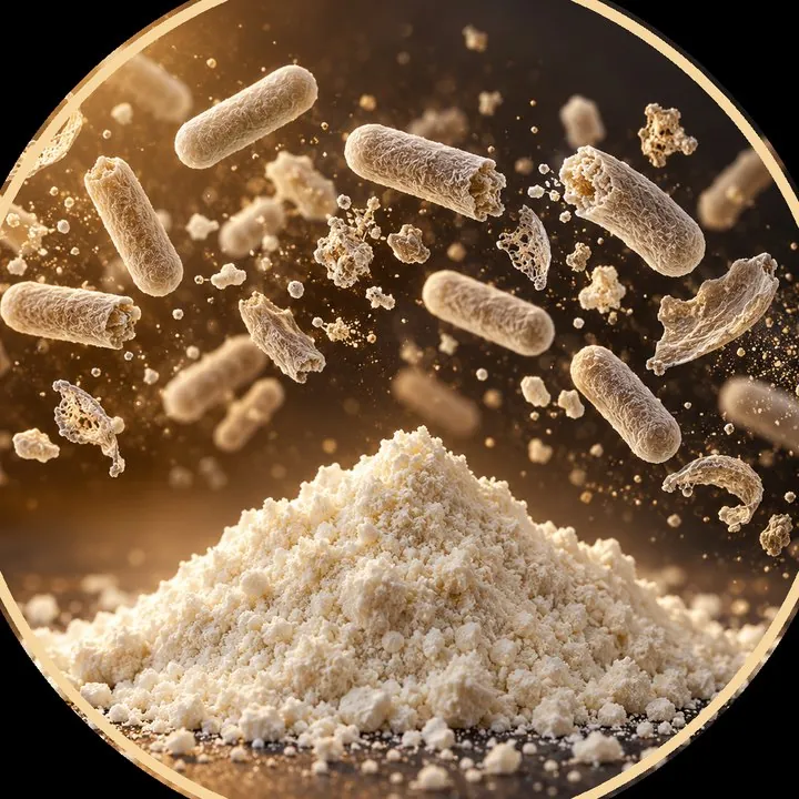 Inactivated bacterial cells and fragments above a powder